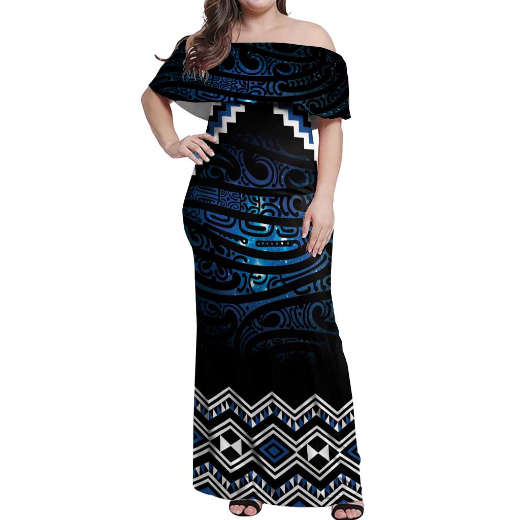 New Zealand Matariki Off Shoulder Maxi Dress Galaxy Styled Taniko LT7 Women Blue - Polynesian Pride