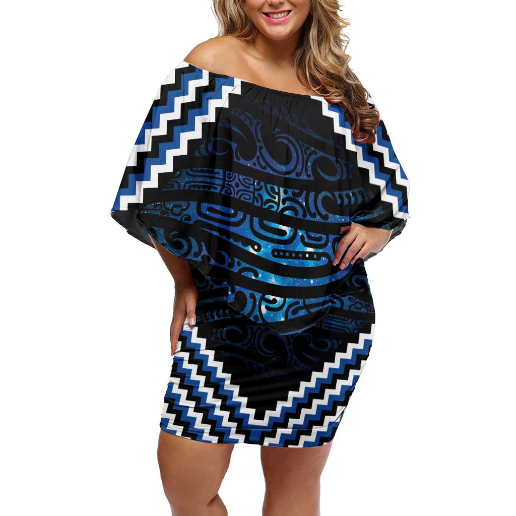 New Zealand Matariki Off Shoulder Short Dress Galaxy Styled Taniko LT7 Women Blue - Polynesian Pride