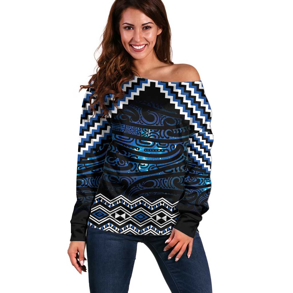 New Zealand Matariki Off Shoulder Sweater Galaxy Styled Taniko