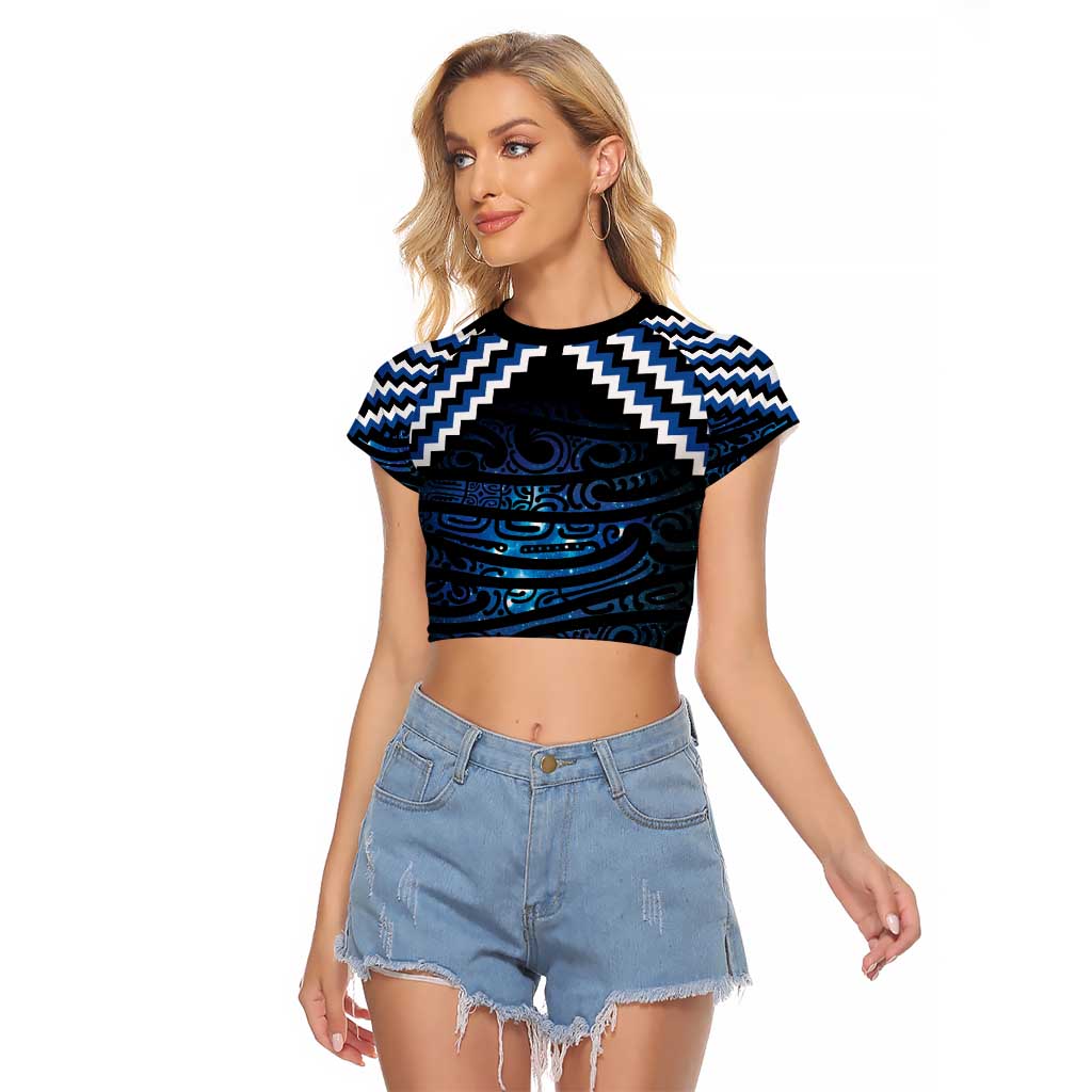 New Zealand Matariki Raglan Cropped T Shirt Galaxy Styled Taniko LT7 Female Blue - Polynesian Pride