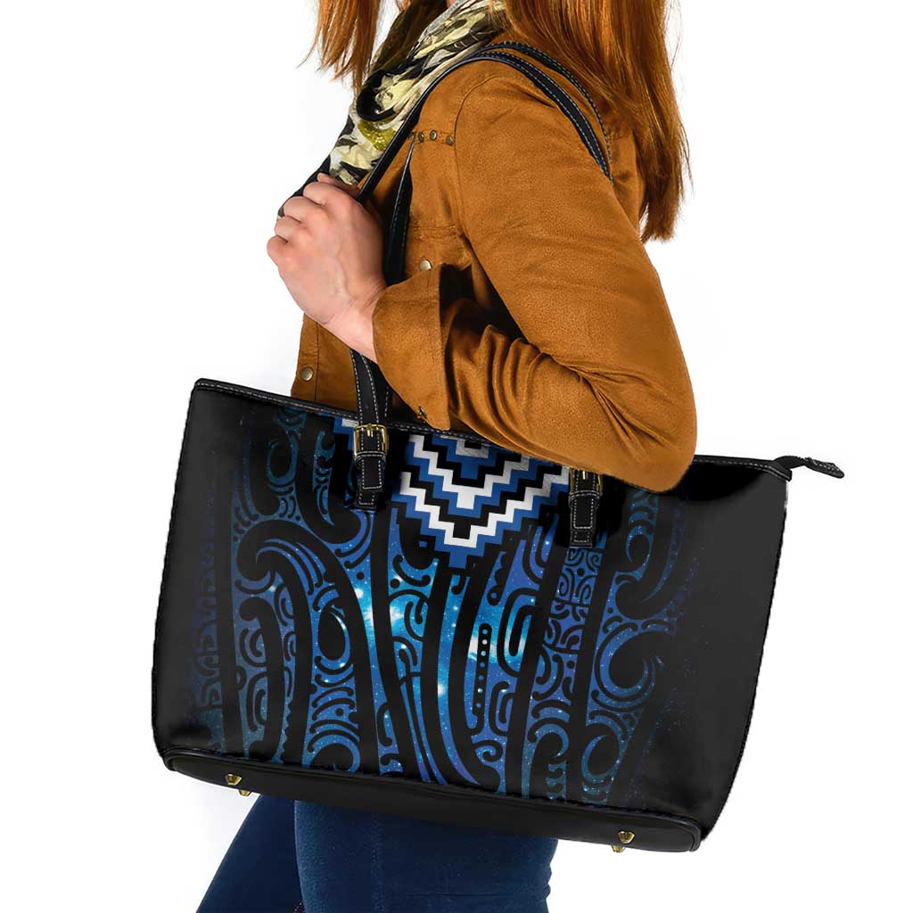 New Zealand Matariki Leather Tote Bag Galaxy Poutama Motifs LT7 Blue - Polynesian Pride
