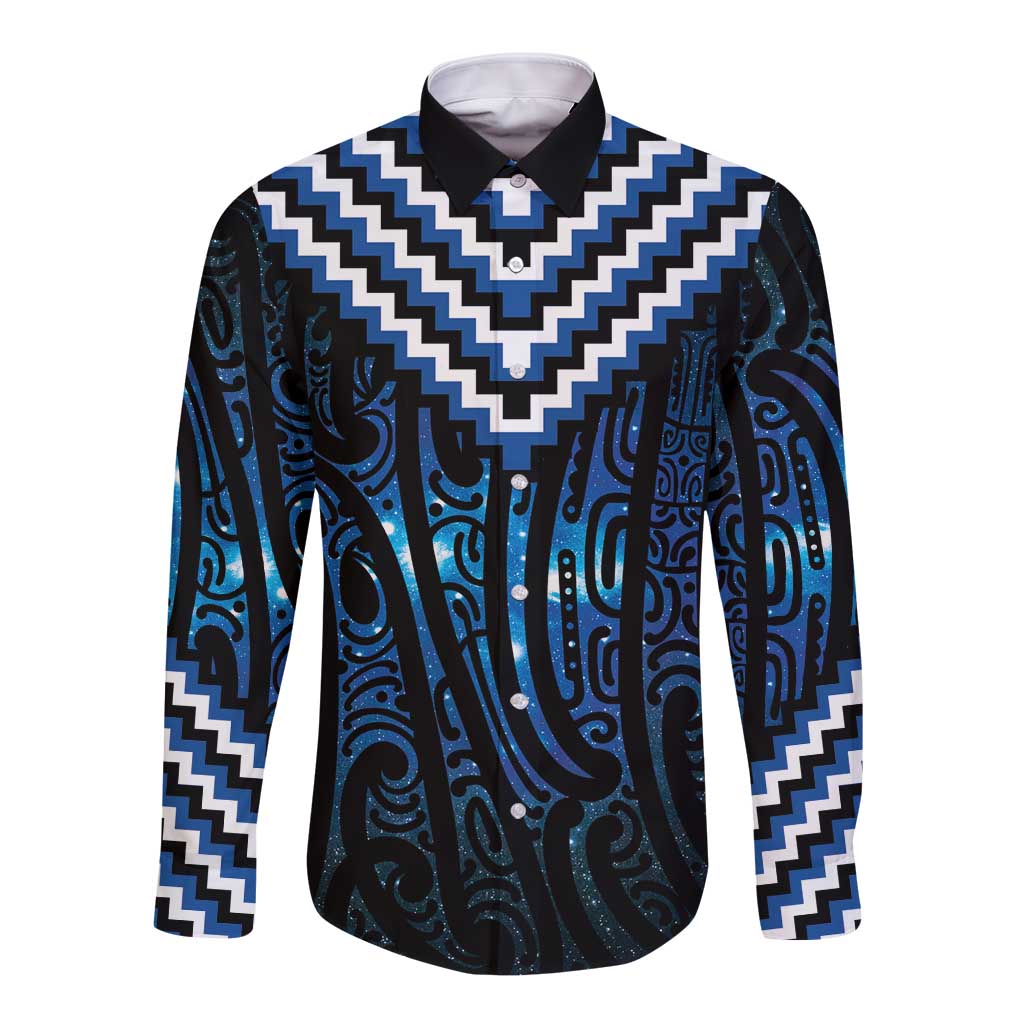 New Zealand Matariki Long Sleeve Button Shirt Galaxy Poutama Motifs LT7 Unisex Blue - Polynesian Pride