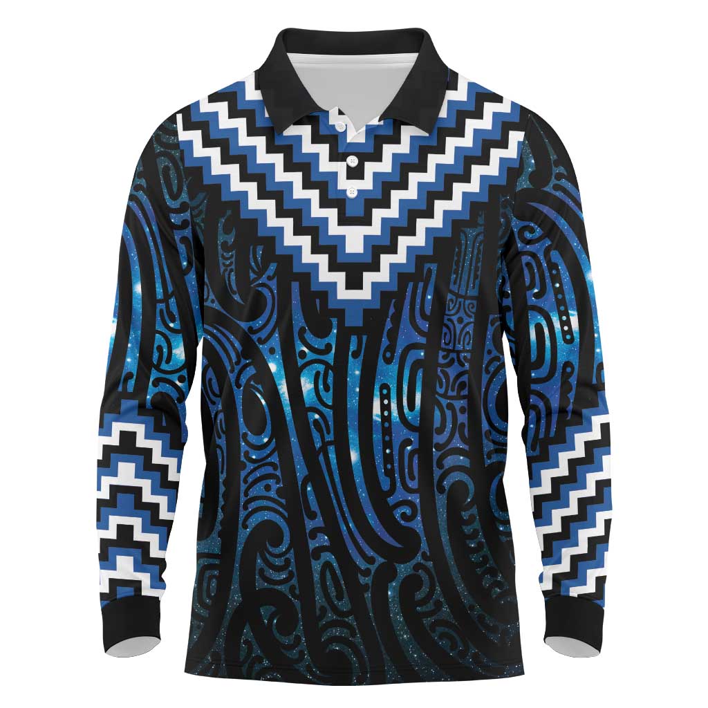 New Zealand Matariki Long Sleeve Polo Shirt Galaxy Poutama Motifs LT7 Blue - Polynesian Pride