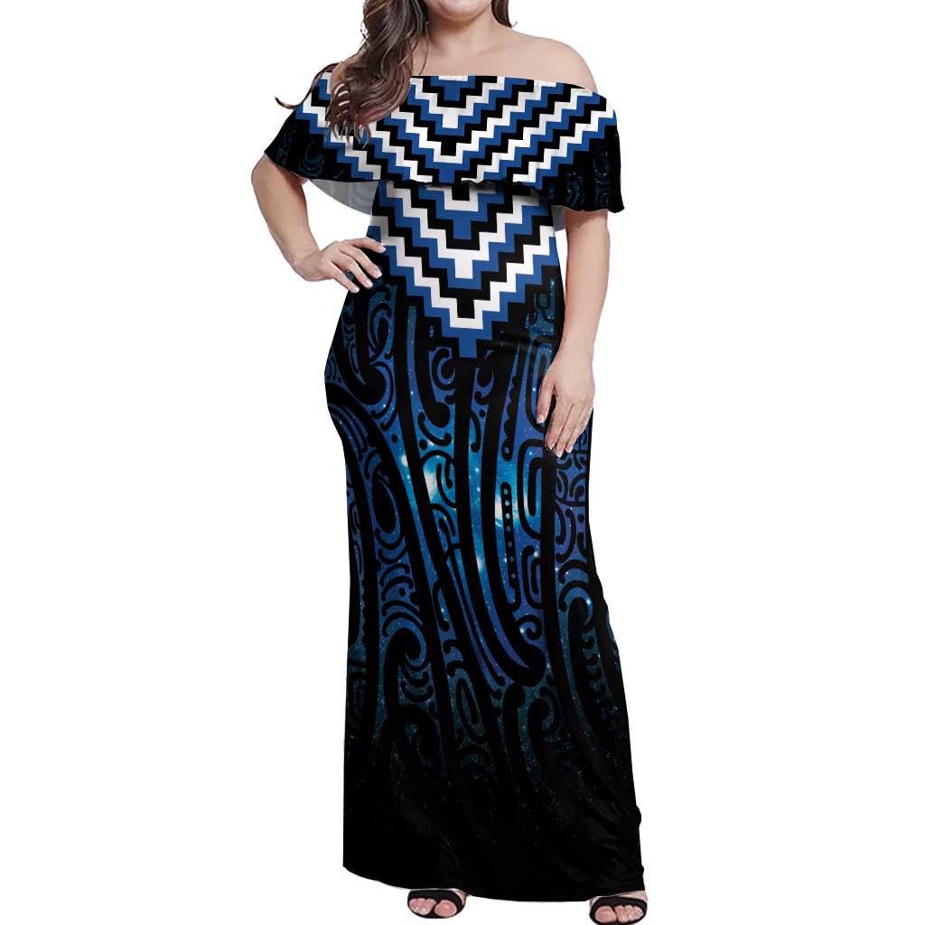 New Zealand Matariki Off Shoulder Maxi Dress Galaxy Poutama Motifs