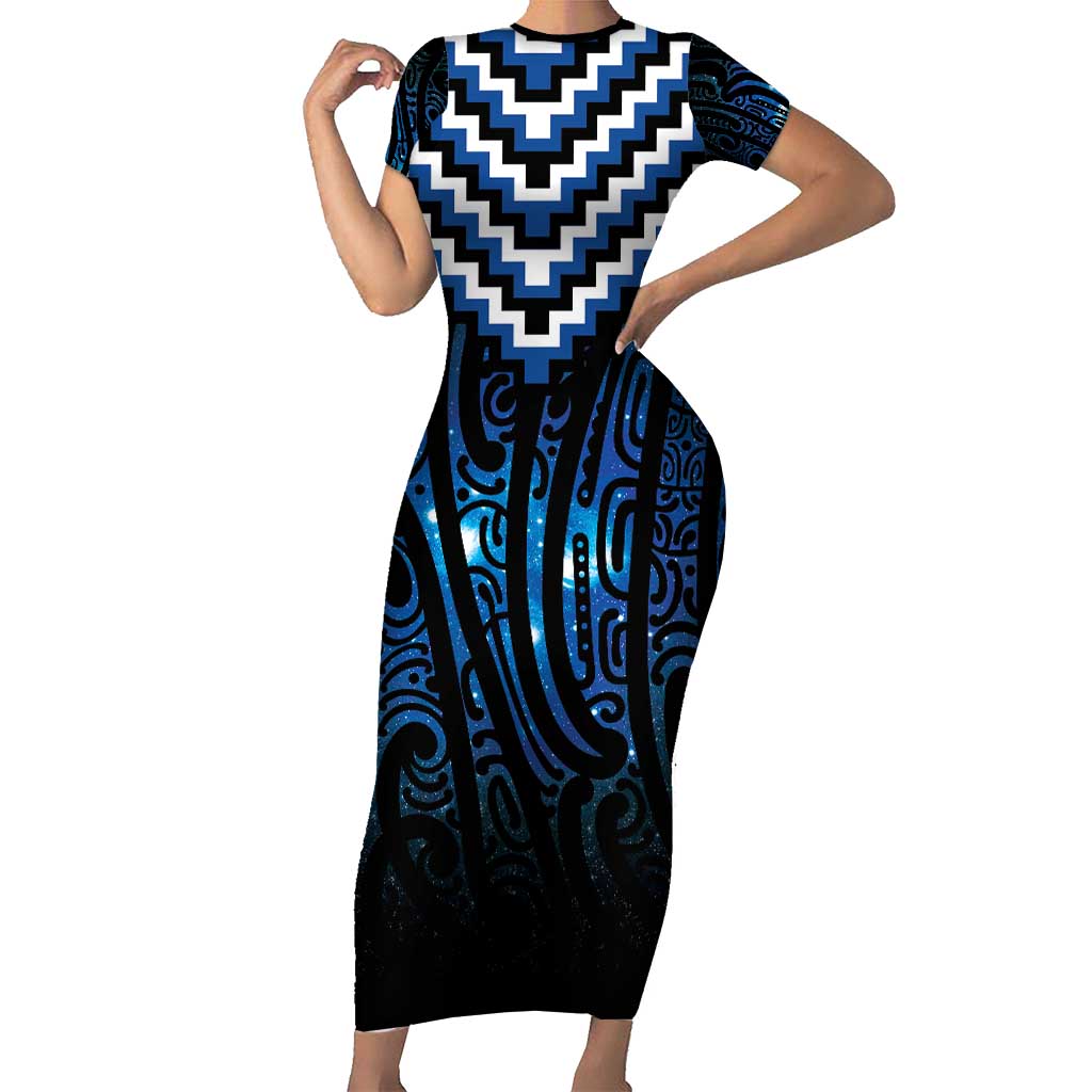 New Zealand Matariki Short Sleeve Bodycon Dress Galaxy Poutama Motifs