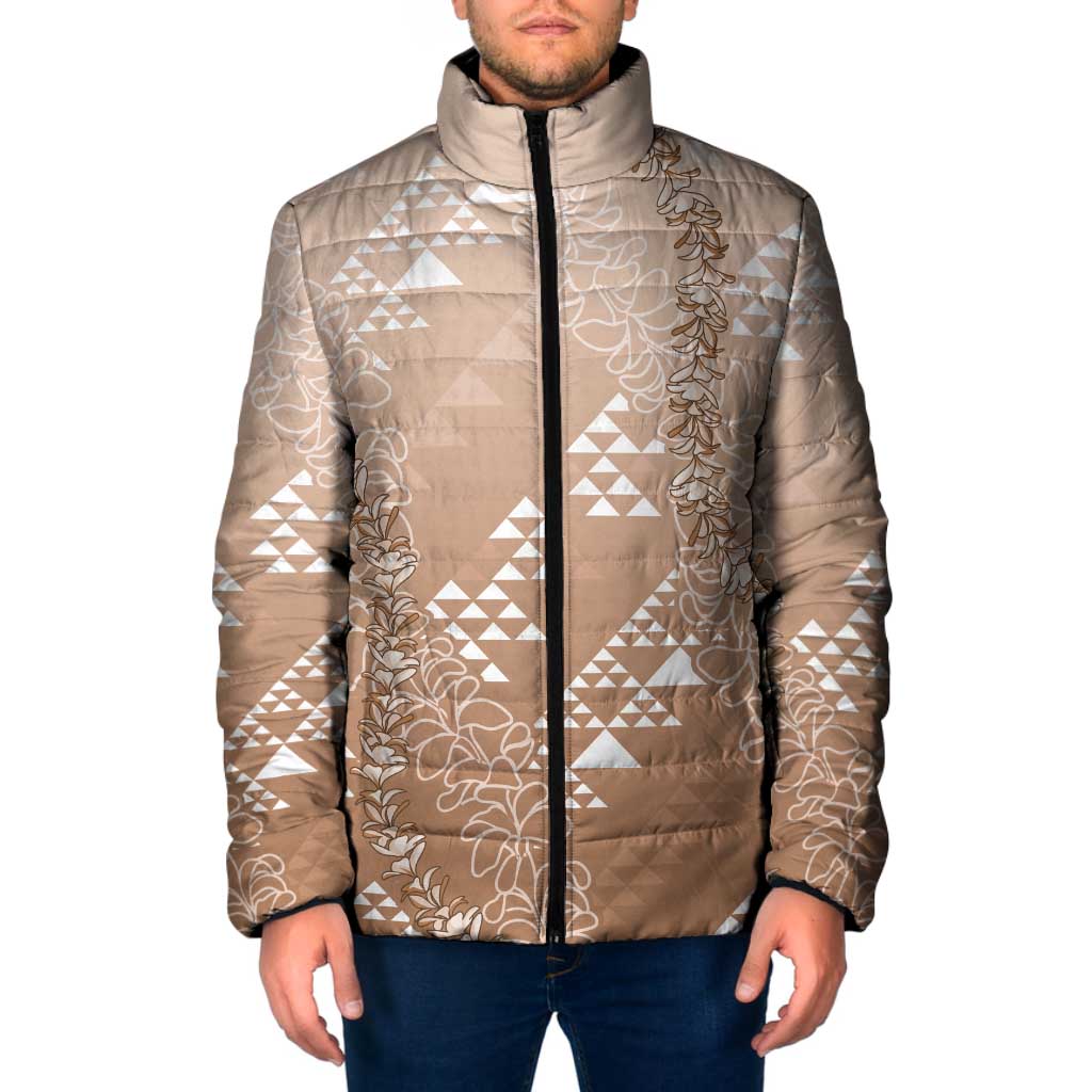 Hawaii Beige Kapa Padded Jacket Vintage 'Ohe Kāpala Motifs Mix Plumeria Leis LT7 Men Beige - Polynesian Pride