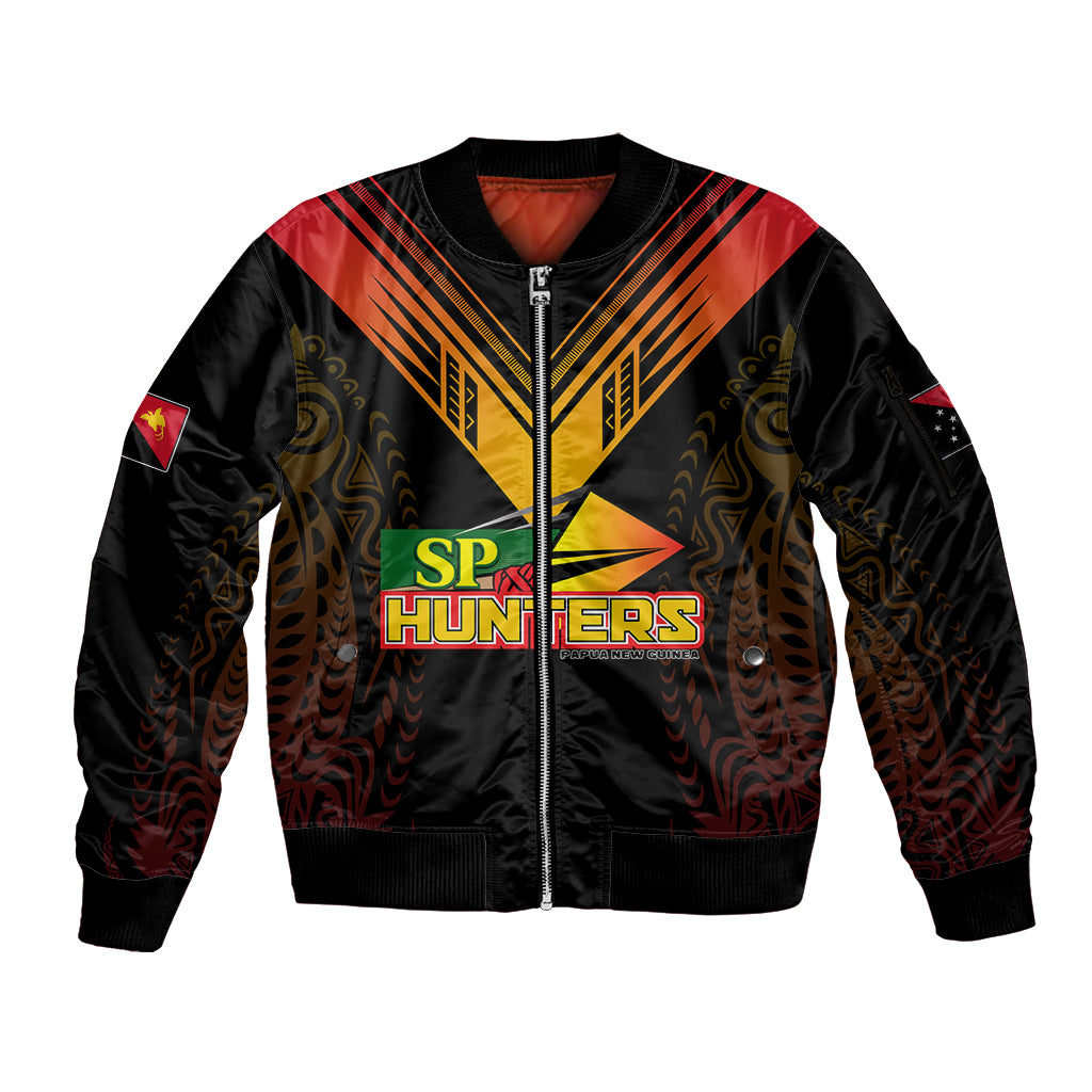 Personalised PNG Hunters Rugby Sleeve Zip Bomber Jacket Motuan Style LT7 Unisex Black - Polynesian Pride