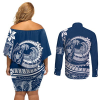 Polynesian Plumeria Couples Matching Off Shoulder Short Dress and Long Sleeve Button Shirts Ride The Waves - Navy Blue LT7 - Polynesian Pride