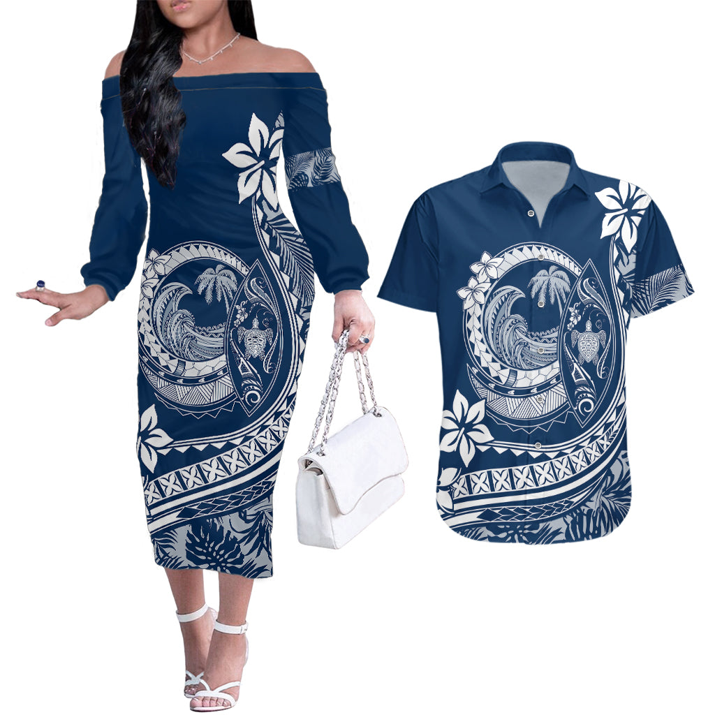 Polynesian Plumeria Couples Matching Off The Shoulder Long Sleeve Dress and Hawaiian Shirt Ride The Waves - Navy Blue LT7 Navy Blue - Polynesian Pride