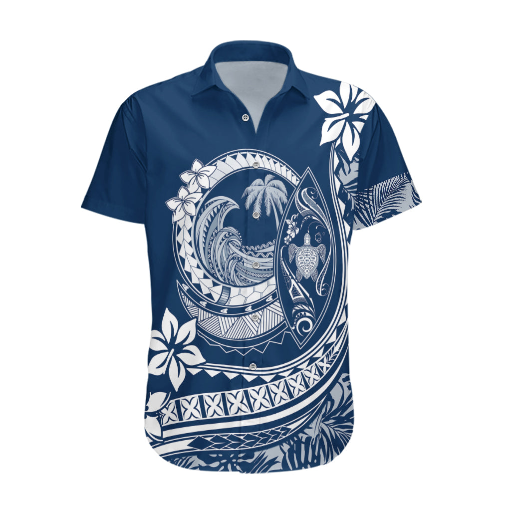 Womens Blue Hawaiian Shirt with Plumeria