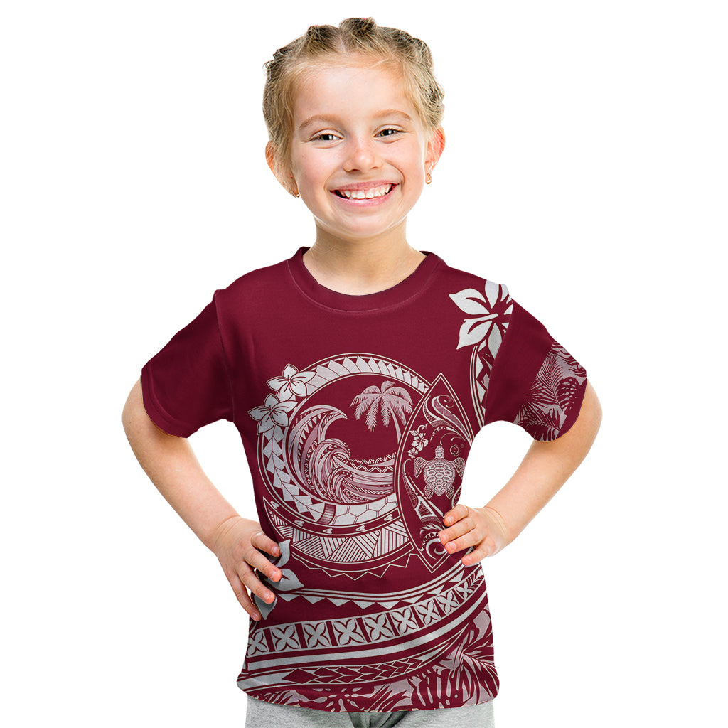Polynesian Plumeria Kid T Shirt Ride The Waves - Burgundy LT7 Burgundy - Polynesian Pride