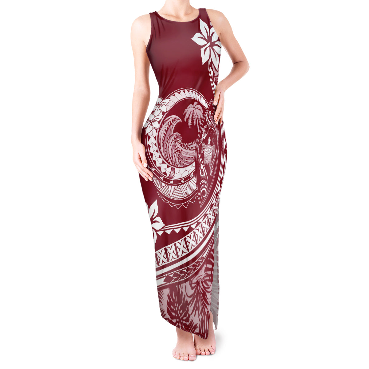 Polynesian Plumeria Tank Maxi Dress Ride The Waves - Burgundy LT7 Women Burgundy - Polynesian Pride