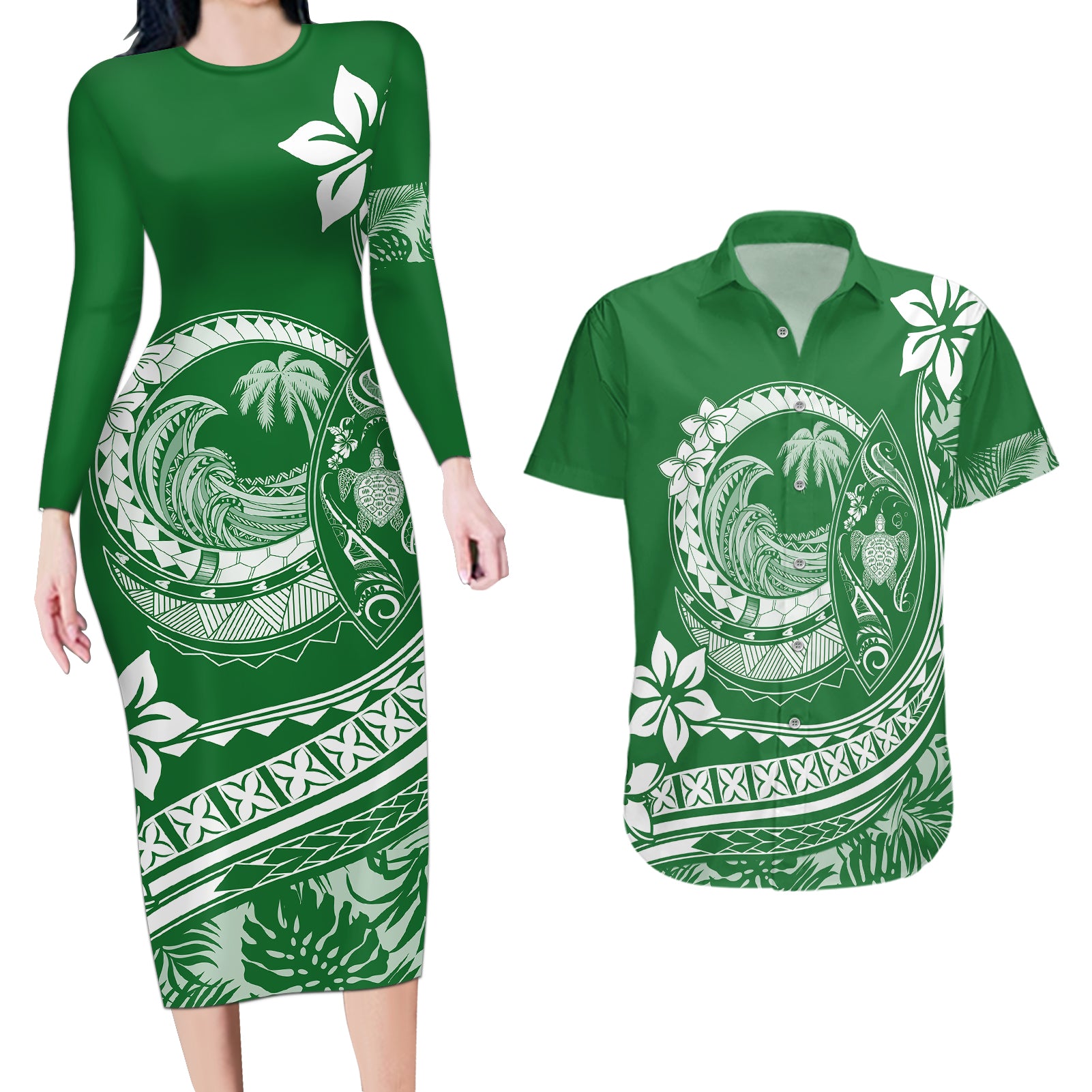 Polynesian Plumeria Couples Matching Long Sleeve Bodycon Dress and Hawaiian Shirt Ride The Waves - Green LT7 Green - Polynesian Pride