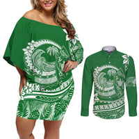 Polynesian Plumeria Couples Matching Off Shoulder Short Dress and Long Sleeve Button Shirts Ride The Waves - Green LT7 Green - Polynesian Pride