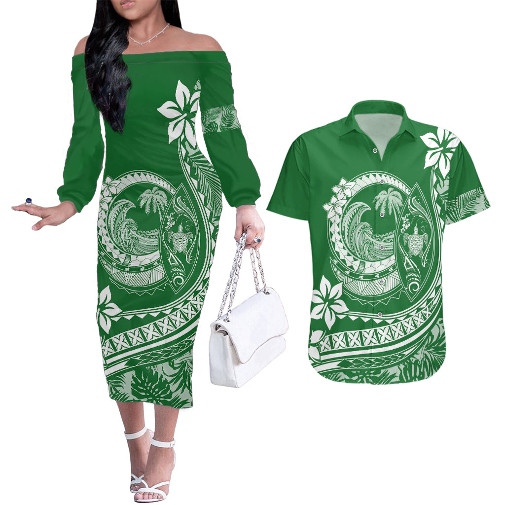 Polynesian Plumeria Couples Matching Off The Shoulder Long Sleeve Dress and Hawaiian Shirt Ride The Waves - Green LT7 Green - Polynesian Pride