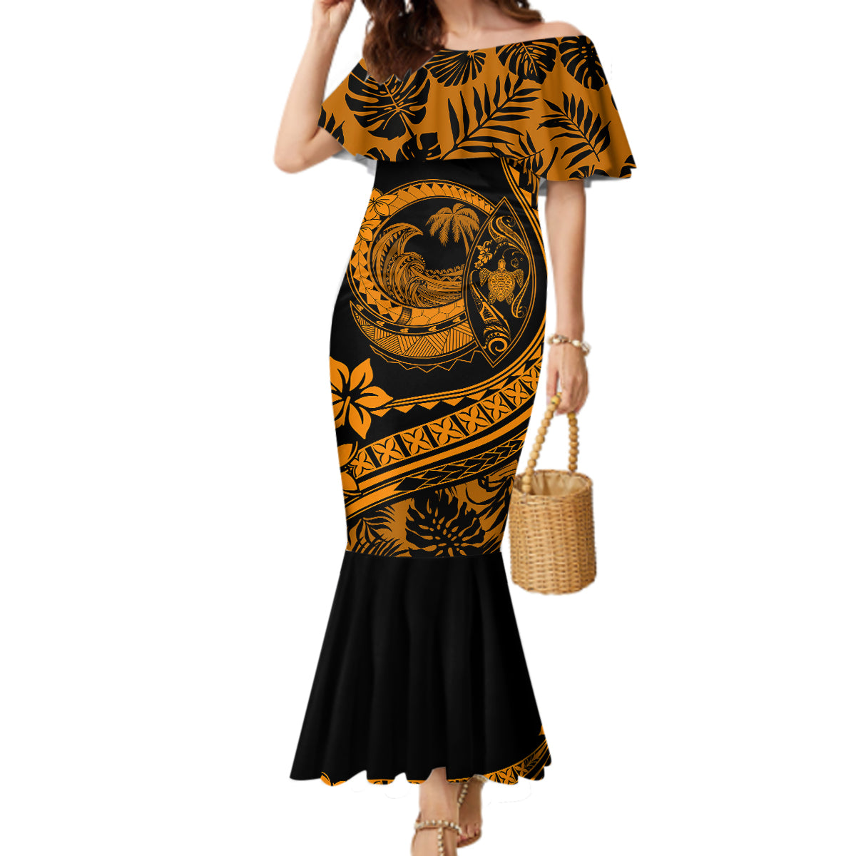 Polynesian Plumeria Mermaid Dress Ride The Waves - Orange LT7 Women Orange - Polynesian Pride