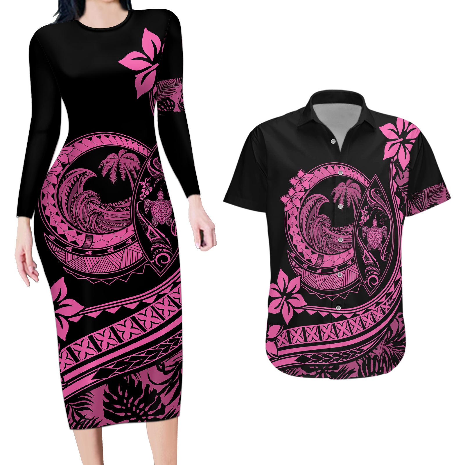 Polynesian Plumeria Couples Matching Long Sleeve Bodycon Dress and Hawaiian Shirt Ride The Waves - Pink LT7 Pink - Polynesian Pride