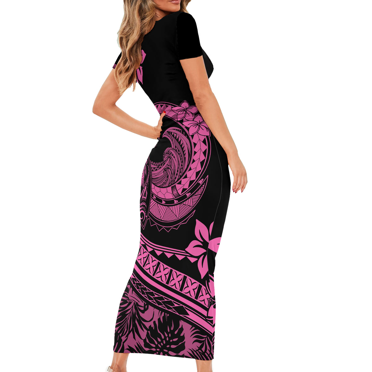 Polynesian Plumeria Short Sleeve Bodycon Dress Ride The Waves - Pink LT7 - Polynesian Pride