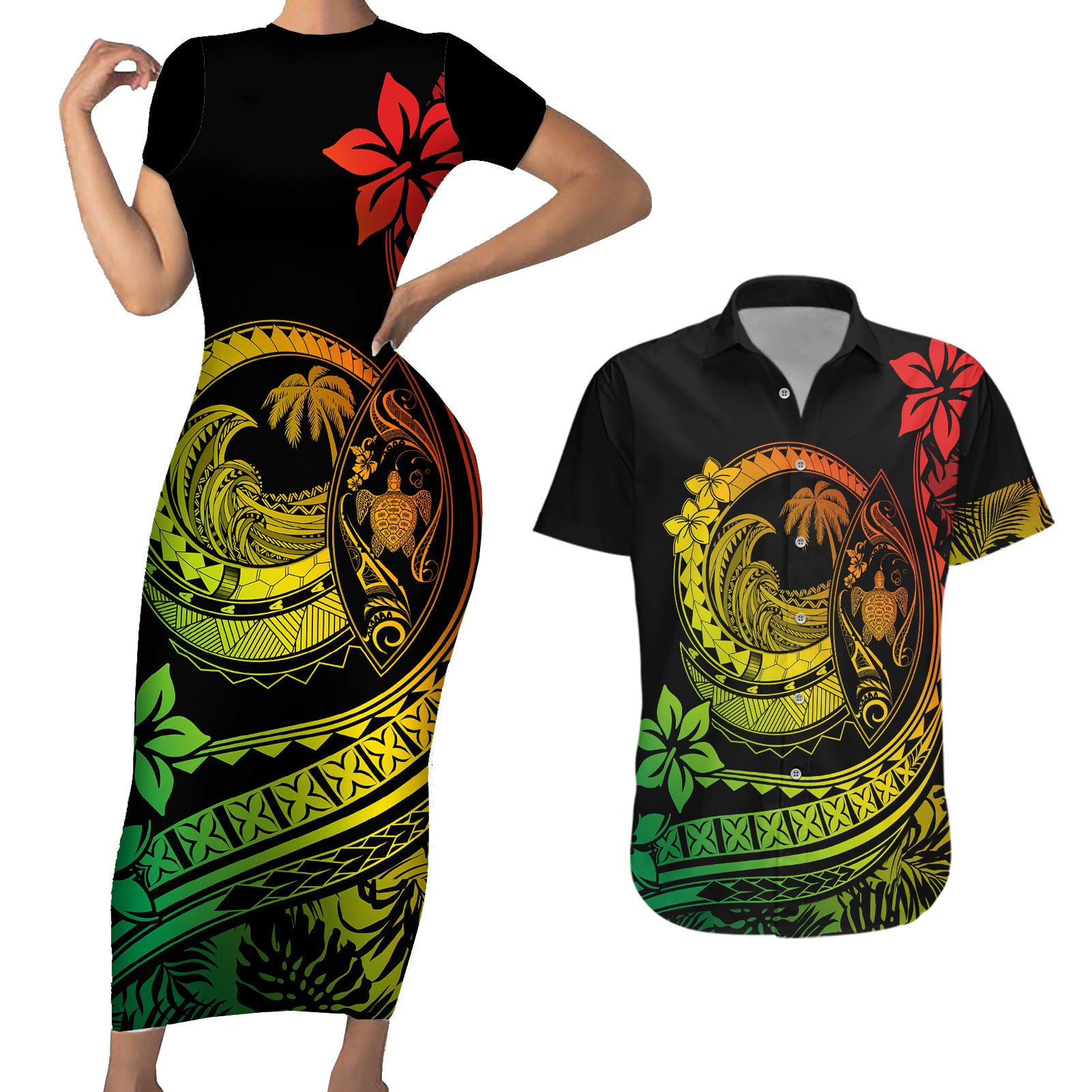 Polynesian Plumeria Couples Matching Short Sleeve Bodycon Dress and Hawaiian Shirt Ride The Waves - Reggae LT7 Reggae - Polynesian Pride