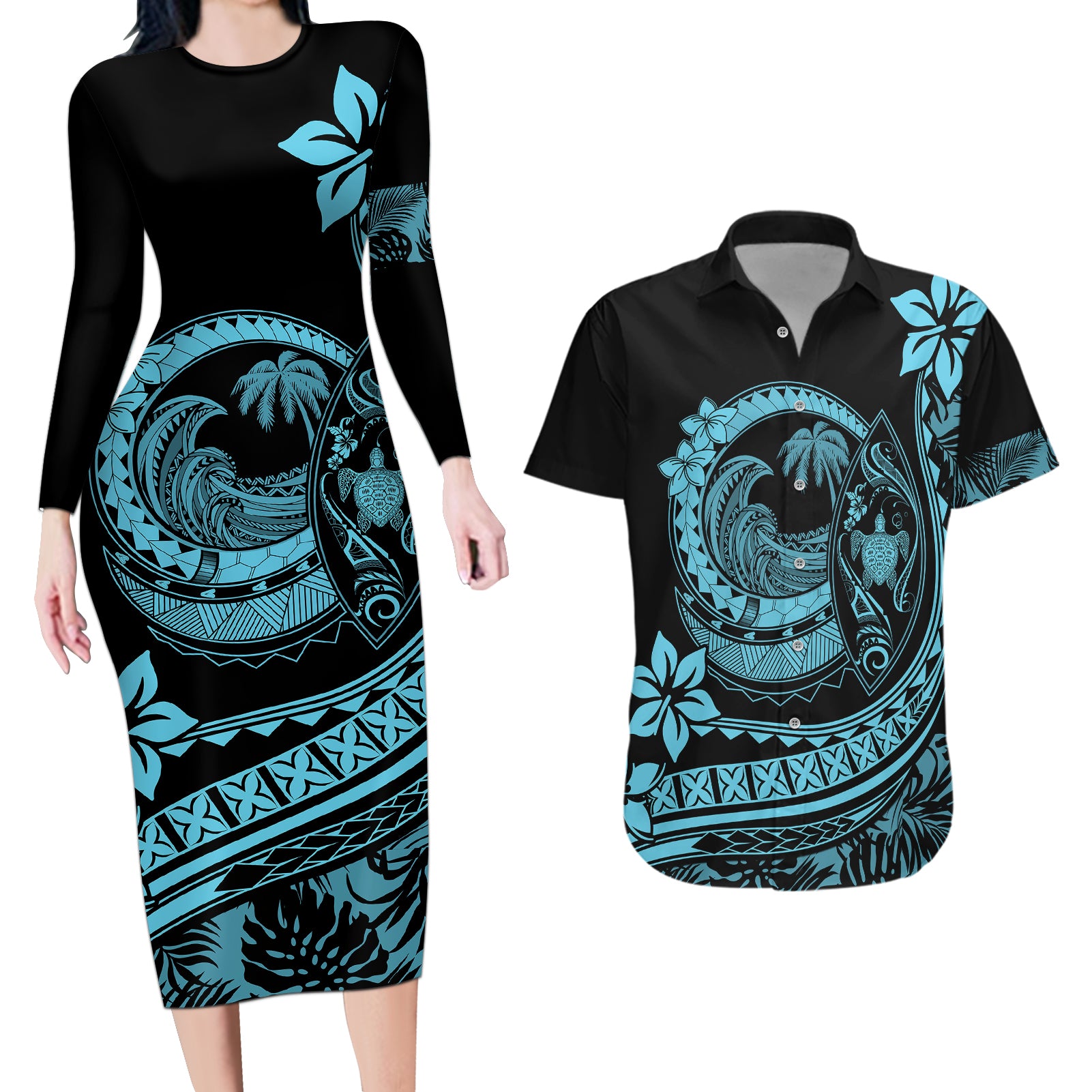 Polynesian Plumeria Couples Matching Long Sleeve Bodycon Dress and Hawaiian Shirt Ride The Waves - Turquoise LT7 Turquoise - Polynesian Pride