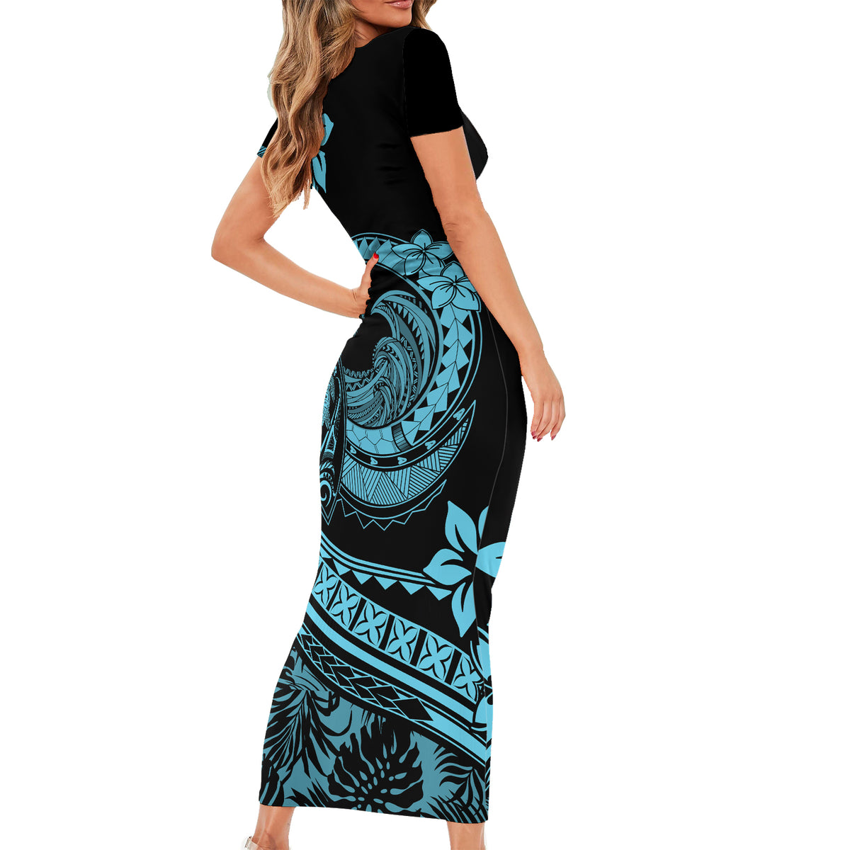 Polynesian Plumeria Short Sleeve Bodycon Dress Ride The Waves - Turquoise LT7 - Polynesian Pride