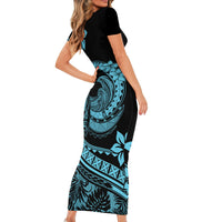 Polynesian Plumeria Short Sleeve Bodycon Dress Ride The Waves - Turquoise LT7 - Polynesian Pride
