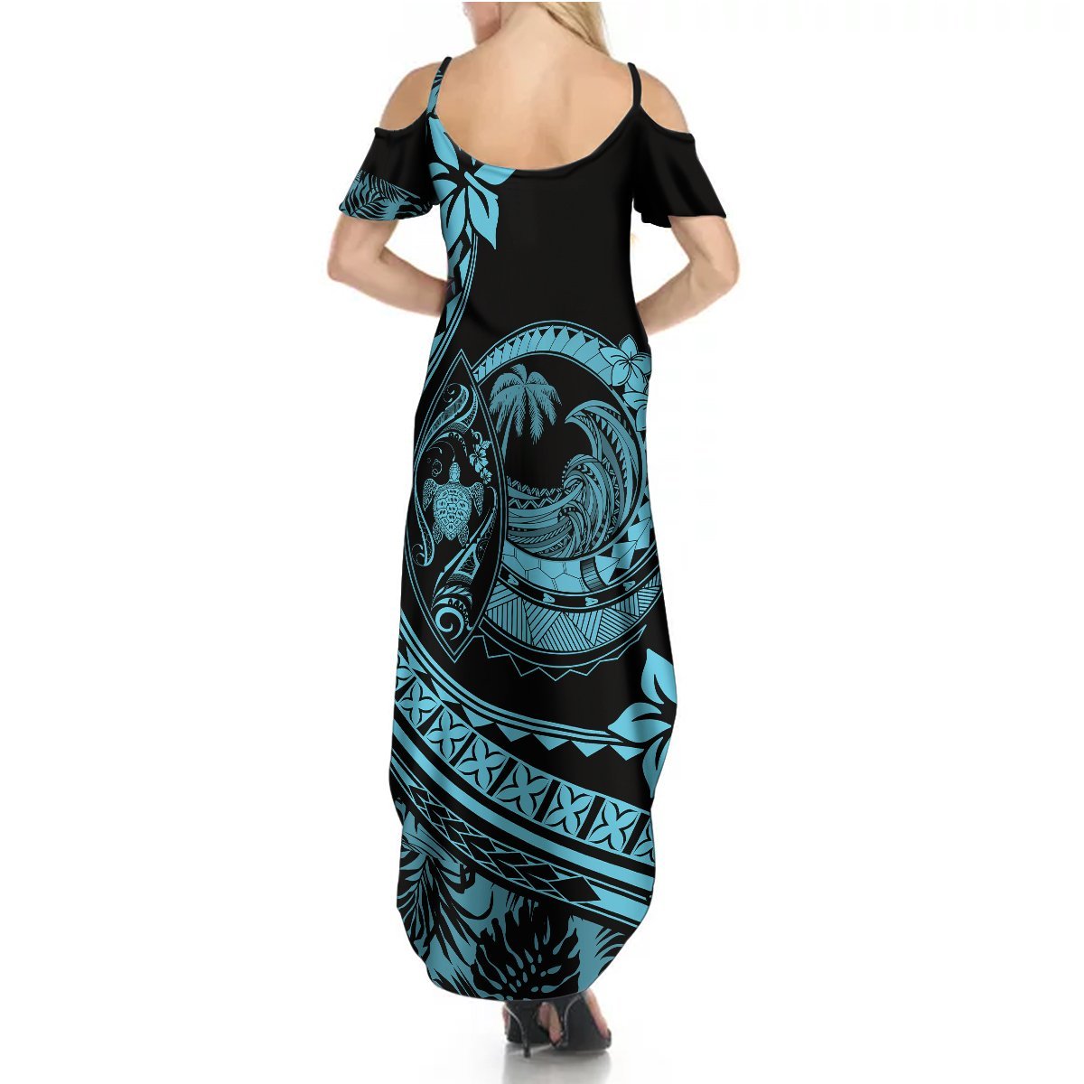 Polynesian Plumeria Summer Maxi Dress Ride The Waves - Turquoise LT7 - Polynesian Pride