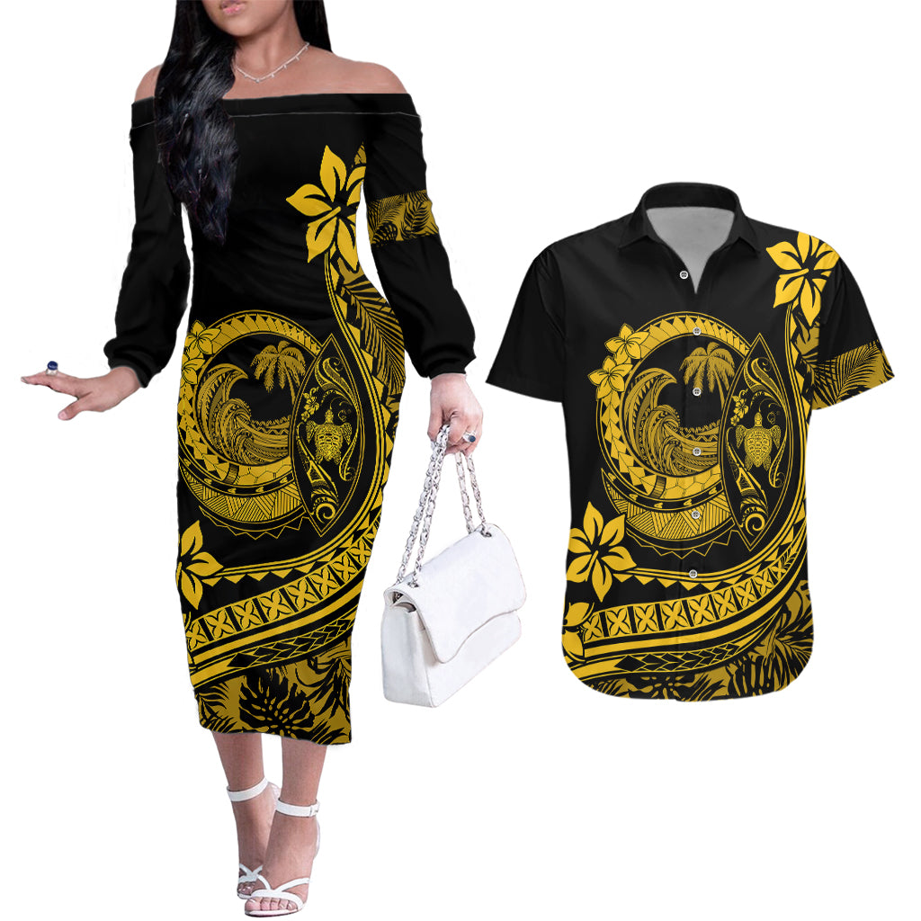 Polynesian Plumeria Couples Matching Off The Shoulder Long Sleeve Dress and Hawaiian Shirt Ride The Waves - Yellow LT7 Yellow - Polynesian Pride