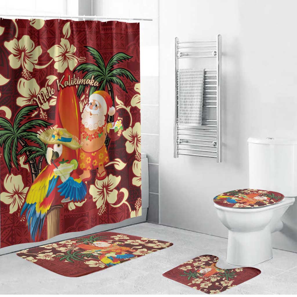 Crimson Red Tropical Christmas Hawaii Tapa Bathroom Set Aloha Santa Drink Party LT7 Bathroom Set (4 pcs) Red - Polynesian Pride