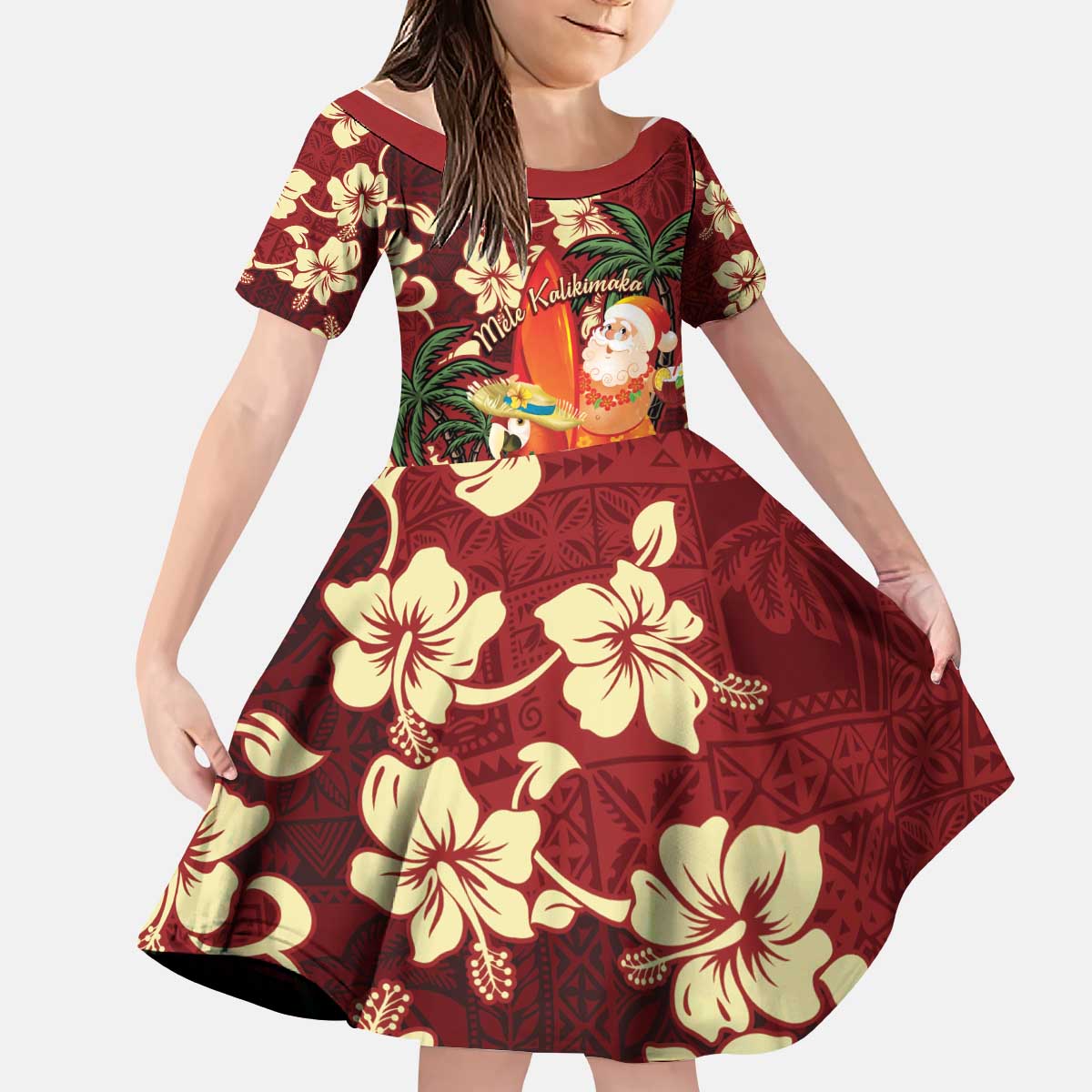 Crimson Red Tropical Christmas Hawaii Tapa Kid Short Sleeve Dress Aloha Santa Drink Party LT7 KID Red - Polynesian Pride