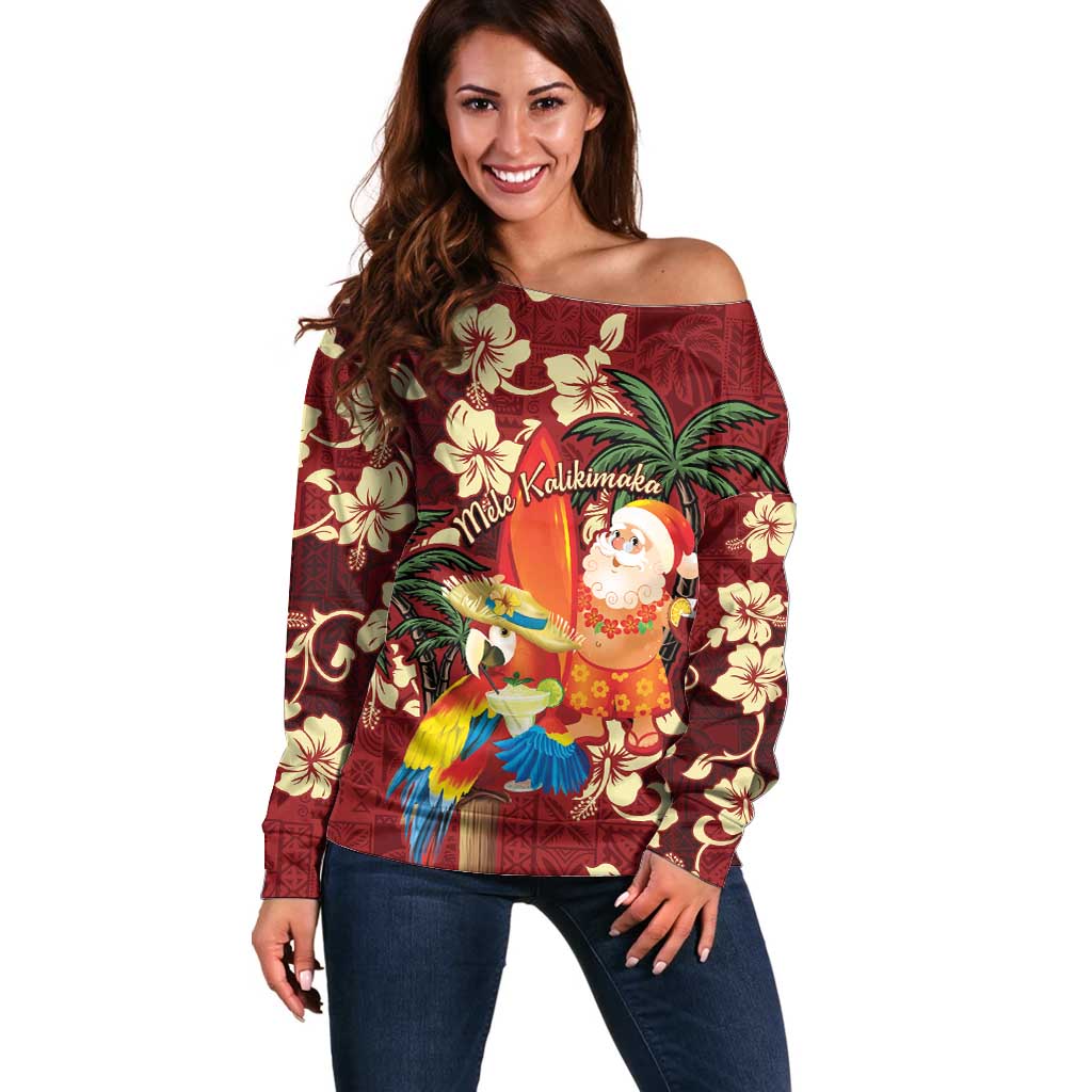 Crimson Red Tropical Christmas Hawaii Tapa Off Shoulder Sweater Aloha Santa Drink Party LT7 Women Red - Polynesian Pride