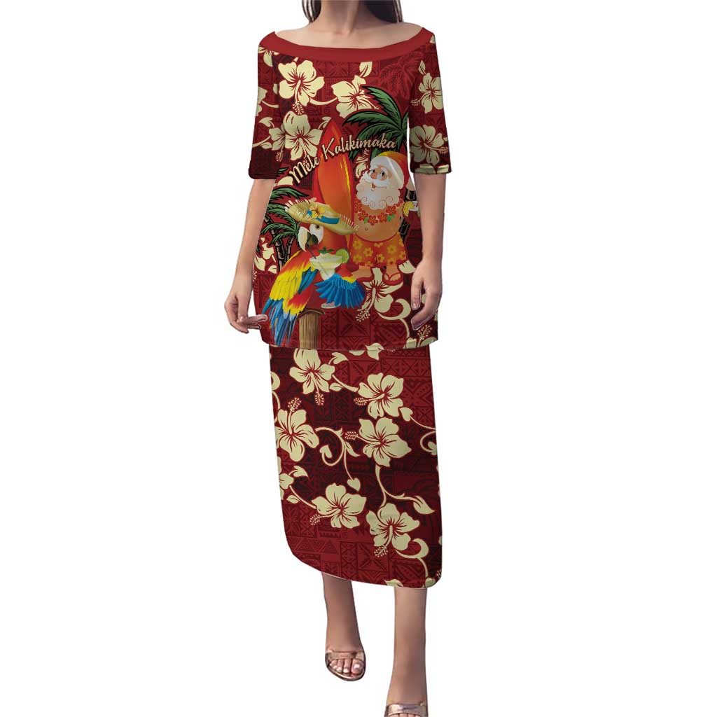 Crimson Red Tropical Christmas Hawaii Tapa Puletasi Aloha Santa Drink Party LT7 Long Dress Red - Polynesian Pride