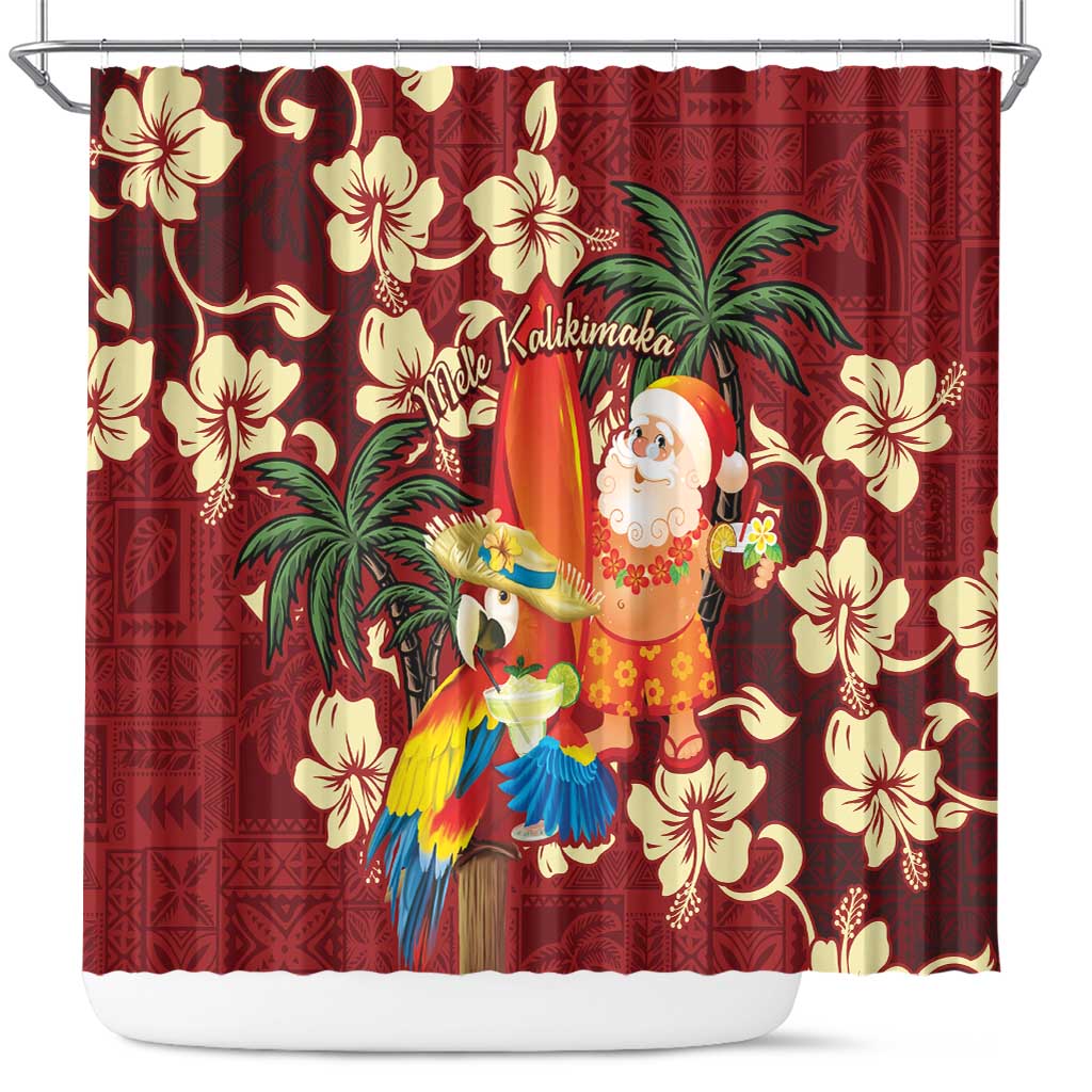 Crimson Red Tropical Christmas Hawaii Tapa Shower Curtain Aloha Santa Drink Party LT7 Red - Polynesian Pride
