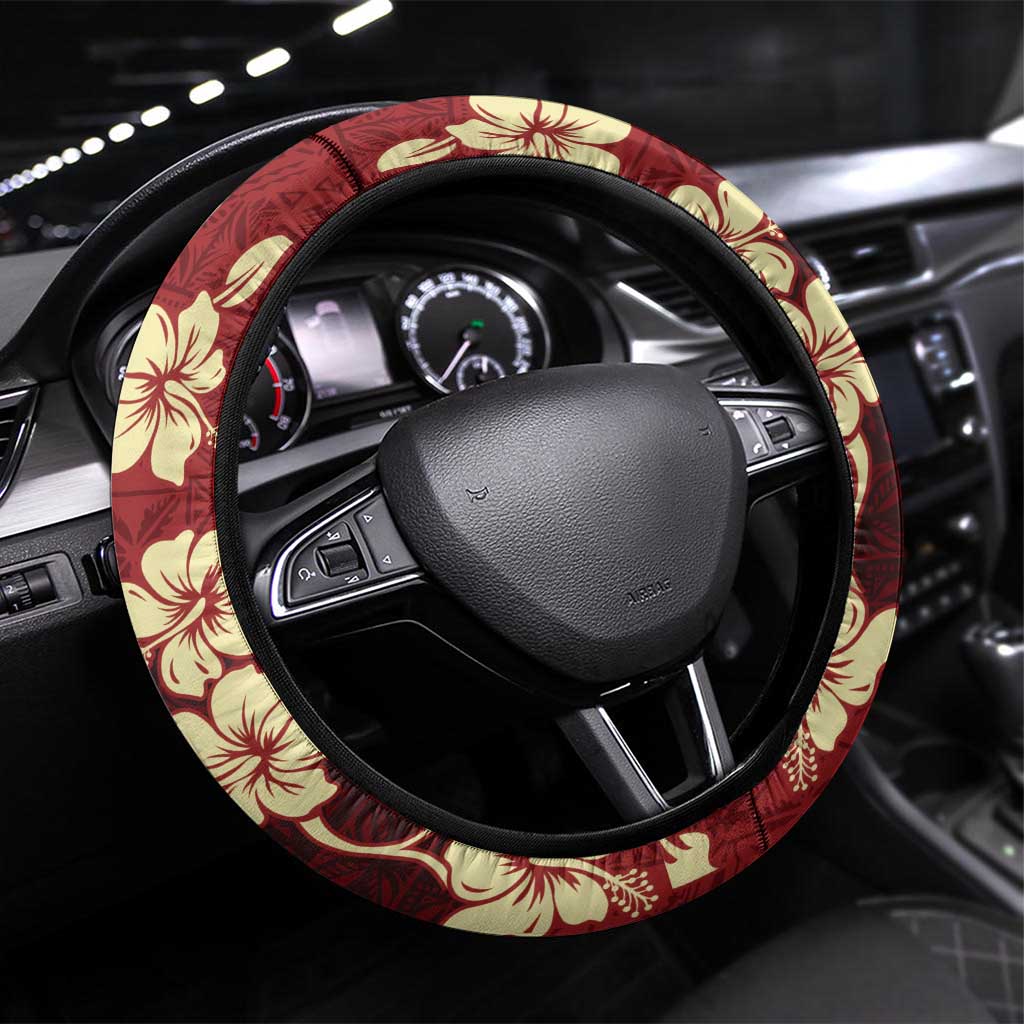 Crimson Red Tropical Christmas Hawaii Tapa Steering Wheel Cover Aloha Santa Drink Party LT7 Universal Fit Red - Polynesian Pride