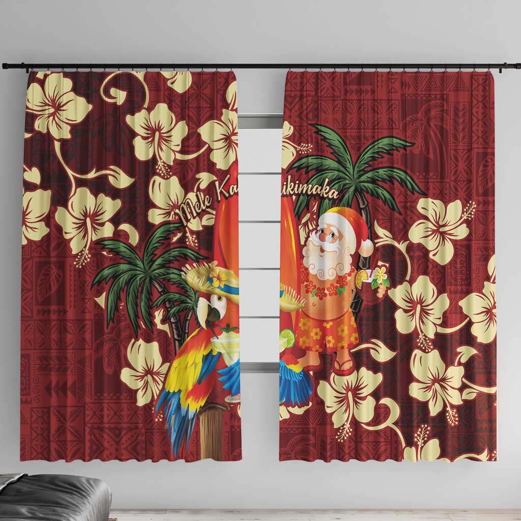 Crimson Red Tropical Christmas Hawaii Tapa Window Curtain Aloha Santa Drink Party LT7 With Hooks Red - Polynesian Pride