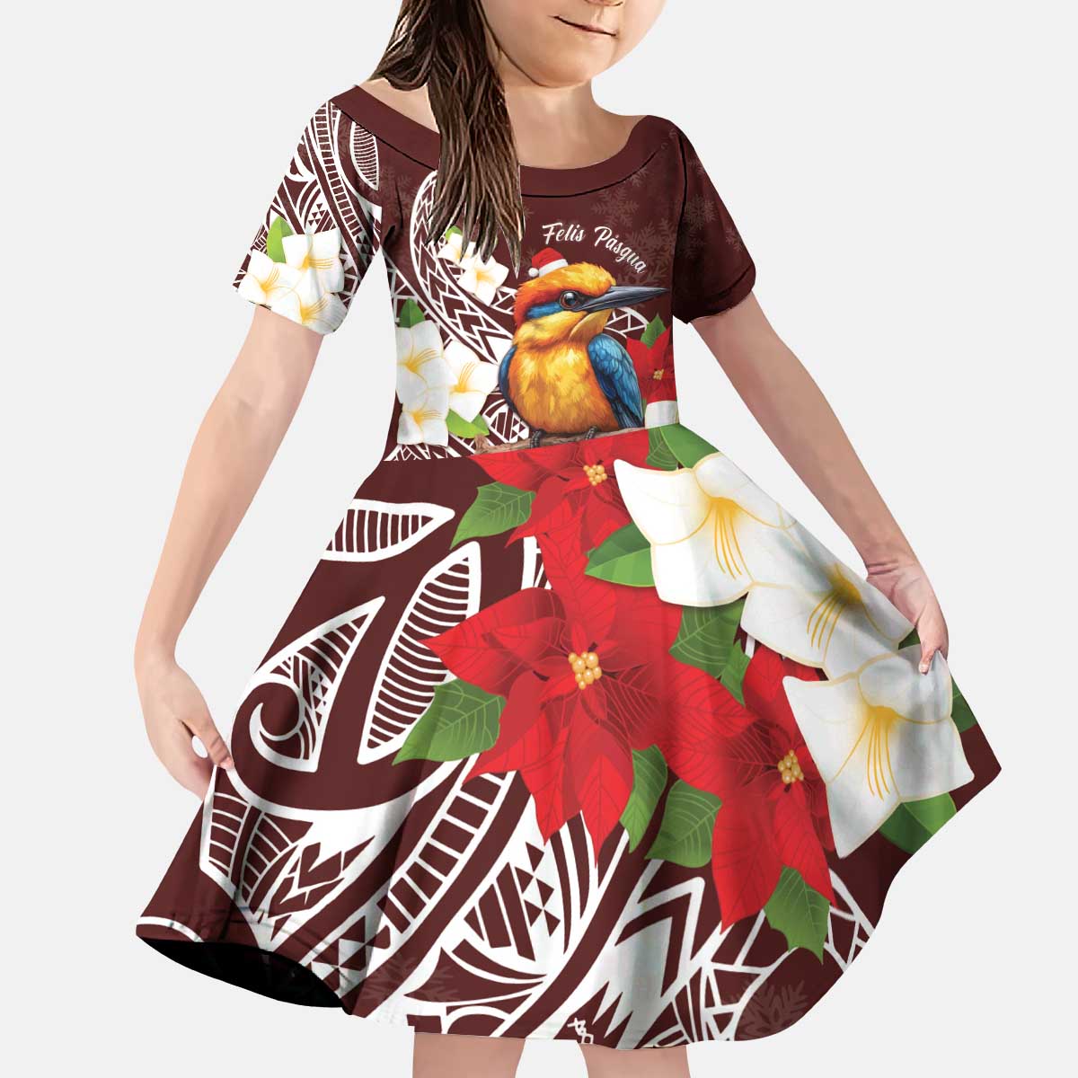 Felis Pasgua Guam Kid Short Sleeve Dress Christmas Sihek Kingfisher with Guasali LT7 KID Crimson - Polynesian Pride