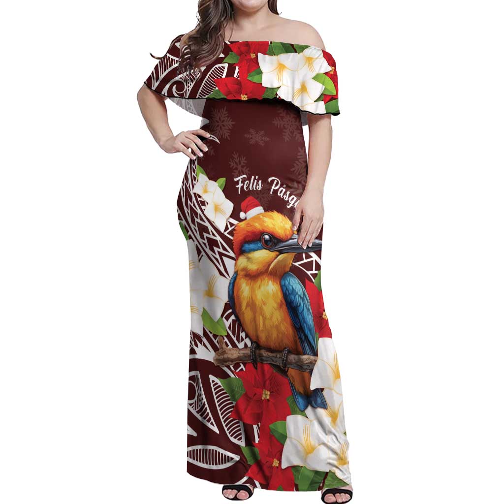 Felis Pasgua Guam Off Shoulder Maxi Dress Christmas Sihek Kingfisher with Guasali LT7 Women Crimson - Polynesian Pride