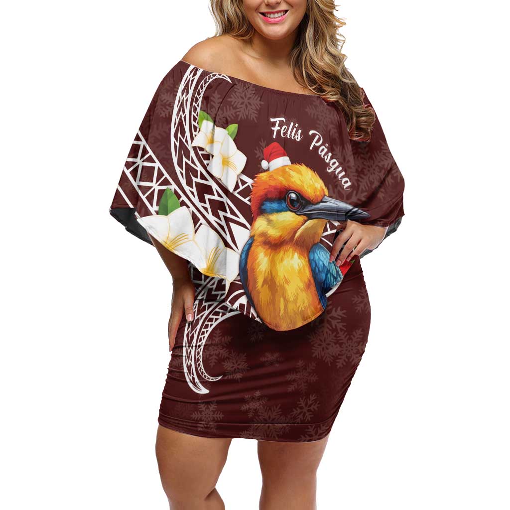 Felis Pasgua Guam Off Shoulder Short Dress Christmas Sihek Kingfisher with Guasali LT7 Women Crimson - Polynesian Pride