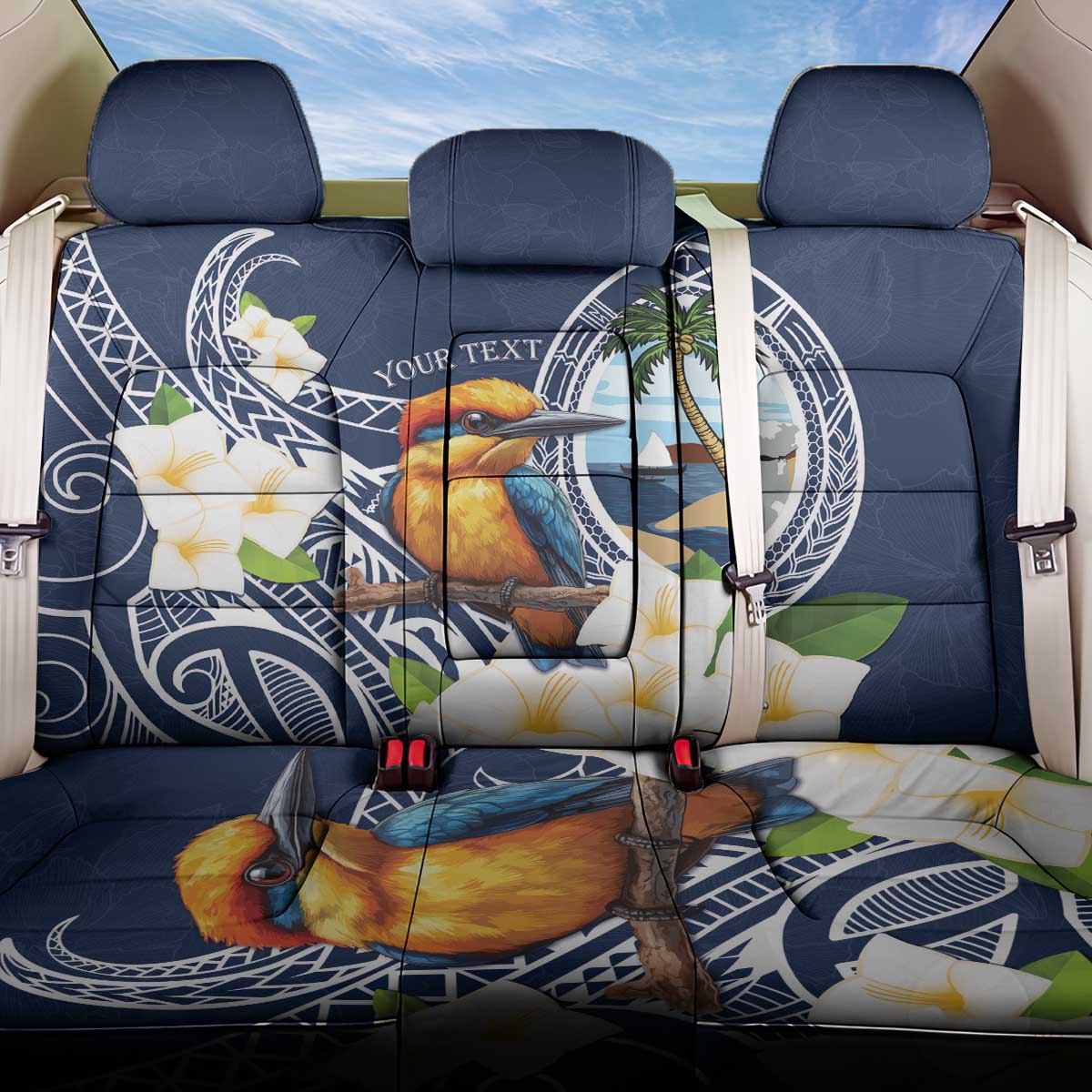 Hafa Adai Guam Back Car Seat Cover Sihek Guam Kingfisher with Guasali LT7 One Size Navy Blue - Polynesian Pride