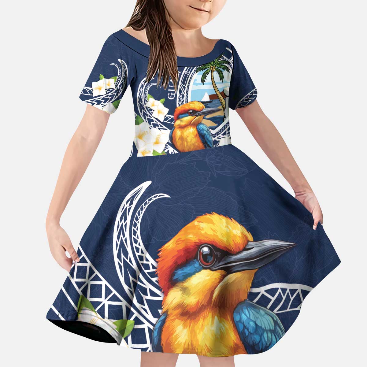 Hafa Adai Guam Kid Short Sleeve Dress Sihek Guam Kingfisher with Guasali LT7 KID Navy Blue - Polynesian Pride