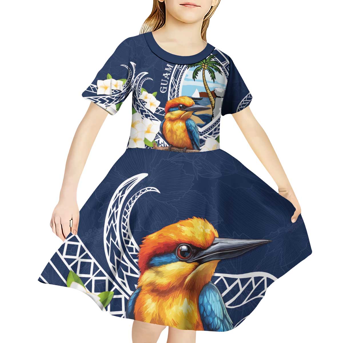 Hafa Adai Guam Kid Short Sleeve Dress Sihek Guam Kingfisher with Guasali LT7 - Polynesian Pride