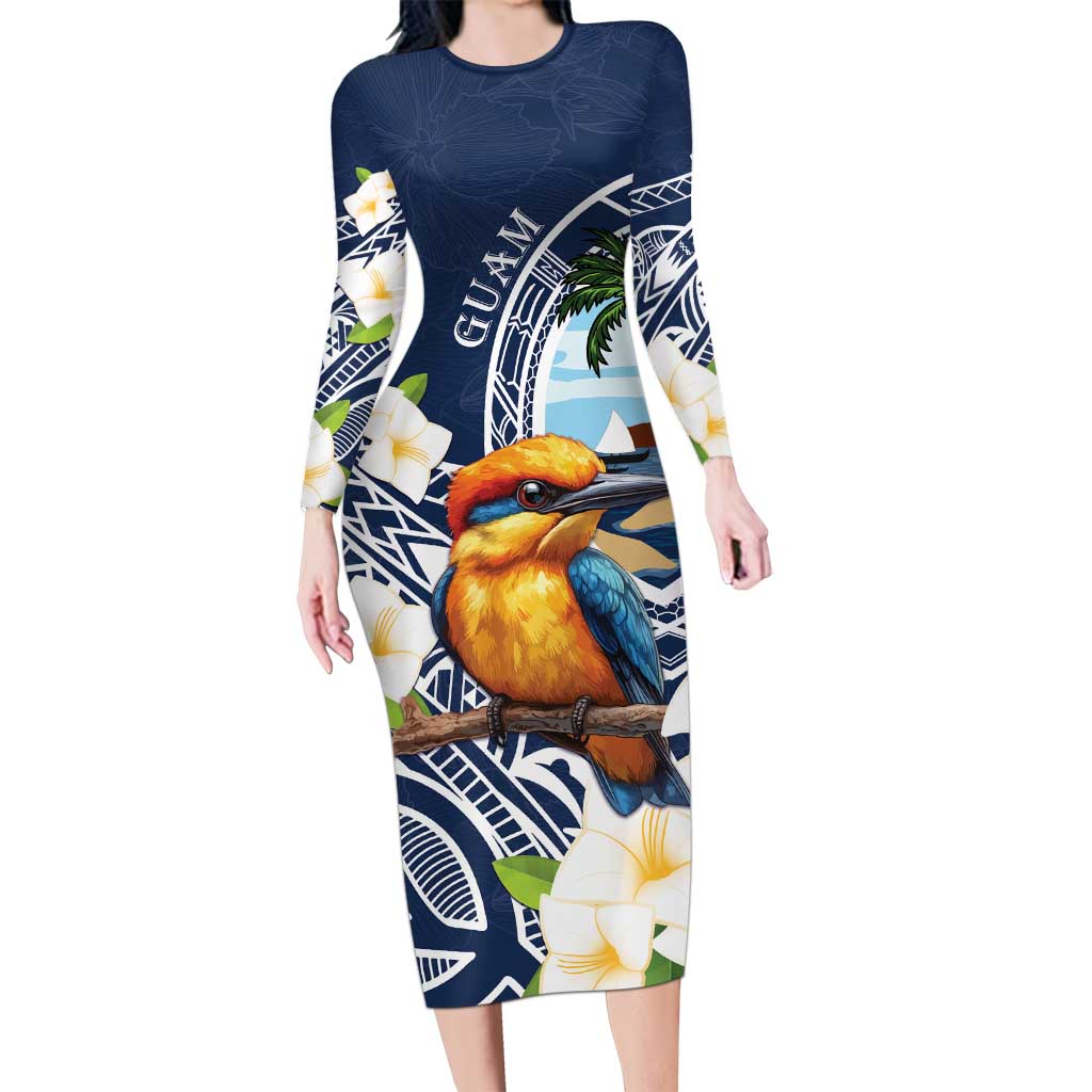 Hafa Adai Guam Long Sleeve Bodycon Dress Sihek Guam Kingfisher with Guasali LT7 Long Dress Navy Blue - Polynesian Pride