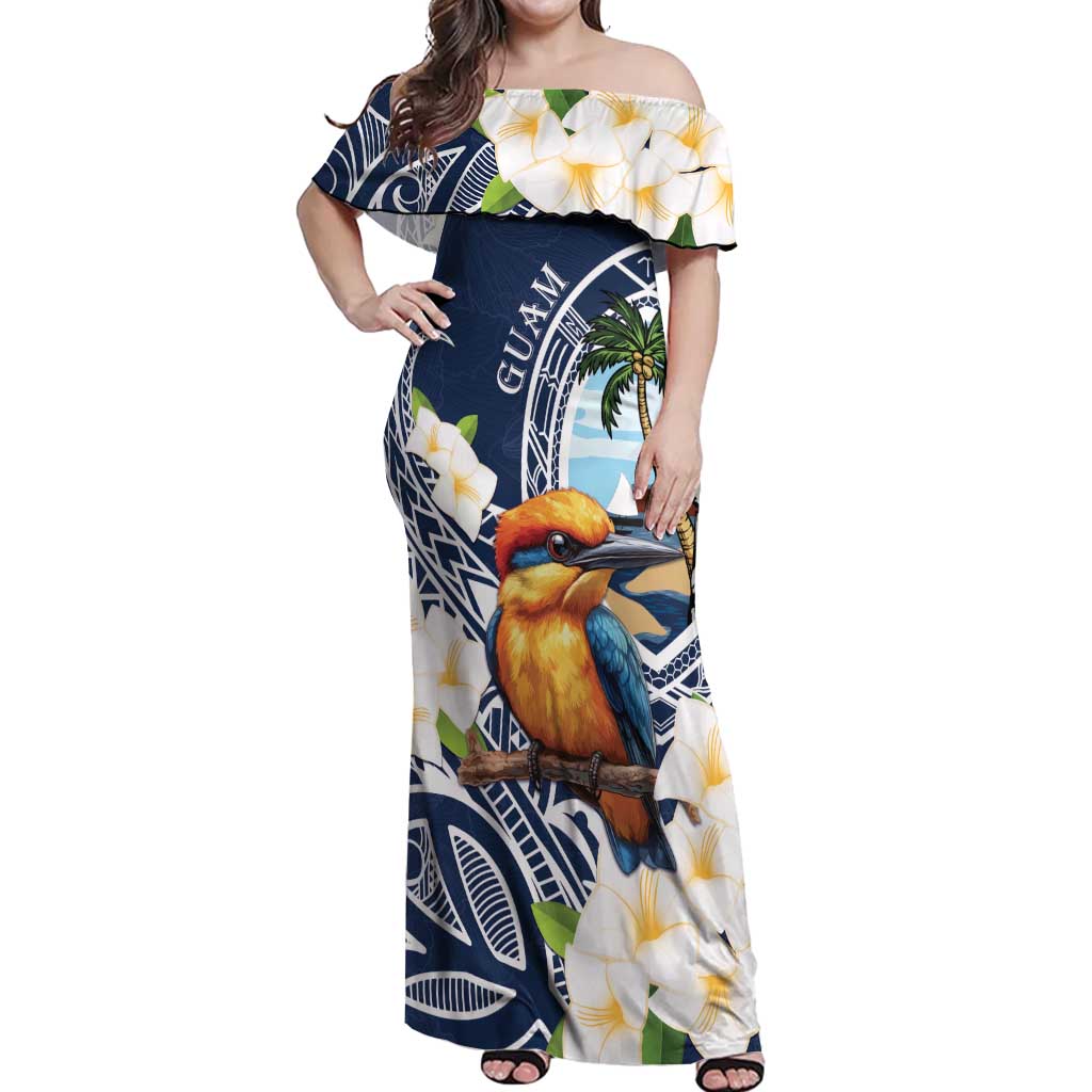 Hafa Adai Guam Off Shoulder Maxi Dress Sihek Guam Kingfisher with Guasali LT7 Women Navy Blue - Polynesian Pride
