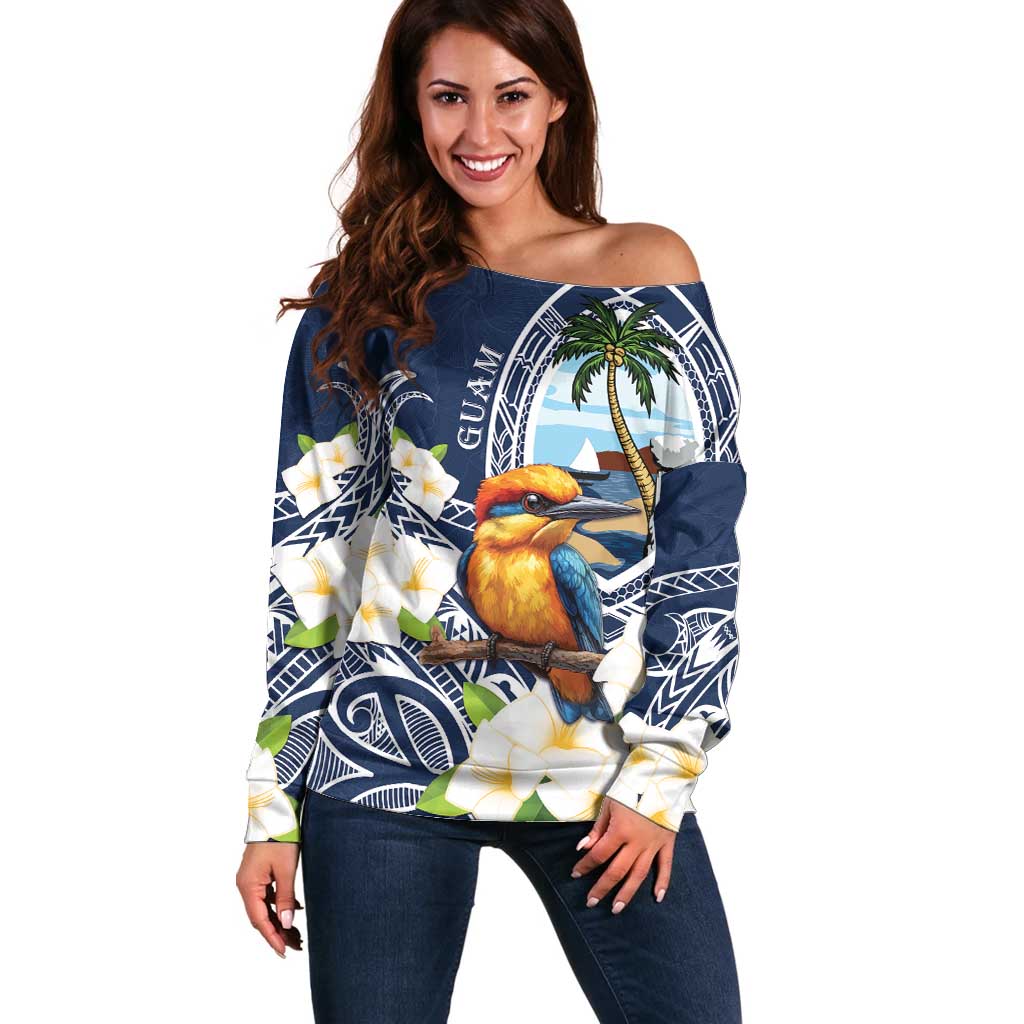Hafa Adai Guam Off Shoulder Sweater Sihek Guam Kingfisher with Guasali LT7 Women Navy Blue - Polynesian Pride