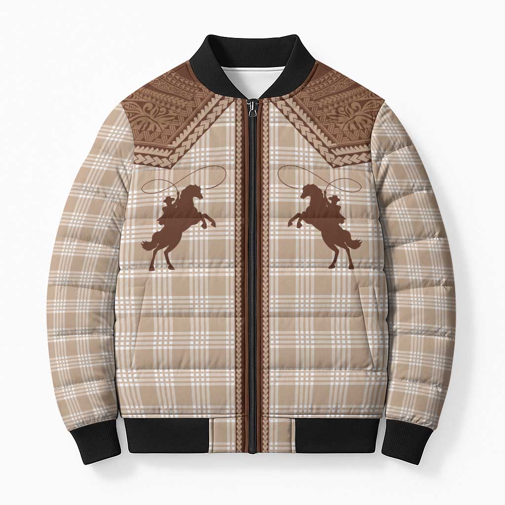 Aloha Hawaii Cowboys Paniolo Bomber Puffer Jacket Beige Palaka LT7 Unisex Beige - Polynesian Pride