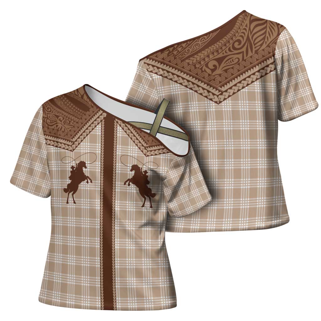 Aloha Hawaii Cowboys Paniolo Cross Shoulder Shirt Beige Palaka LT7 - Polynesian Pride
