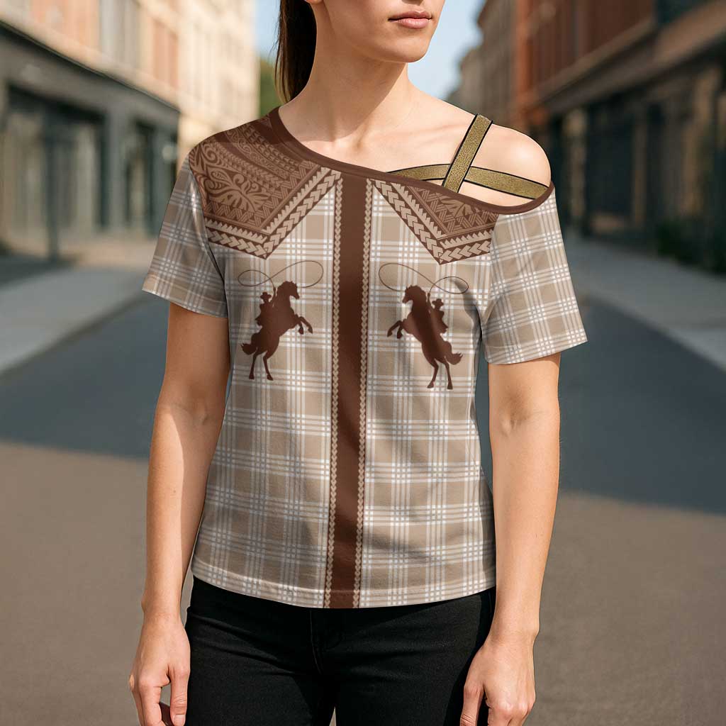 Aloha Hawaii Cowboys Paniolo Cross Shoulder Shirt Beige Palaka LT7 - Polynesian Pride