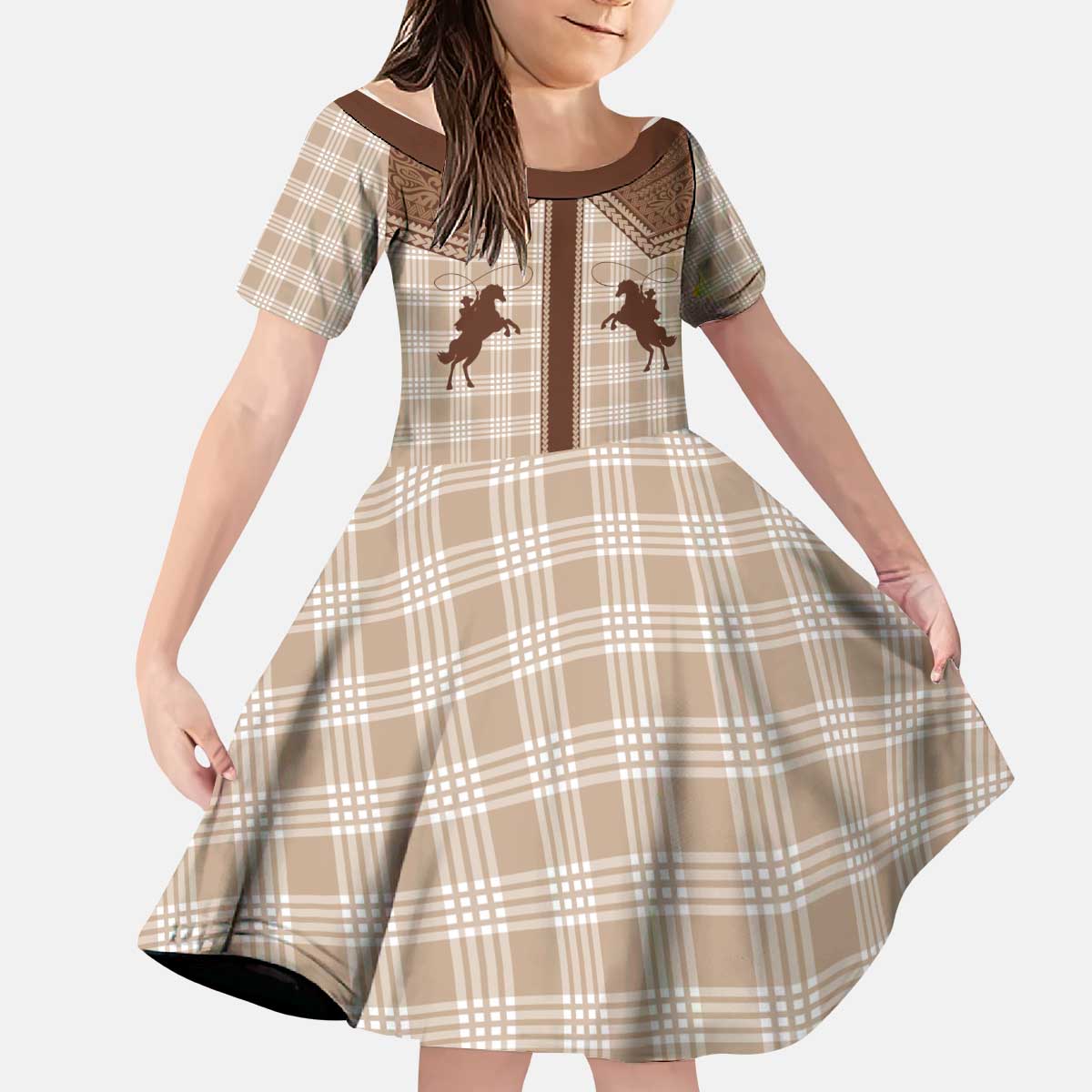 Aloha Hawaii Cowboys Paniolo Kid Short Sleeve Dress Beige Palaka LT7 KID Beige - Polynesian Pride