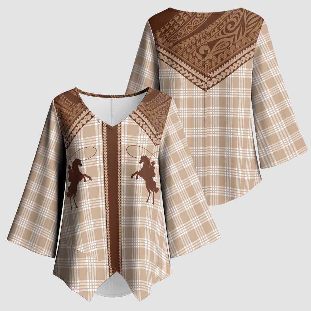 Aloha Hawaii Cowboys Paniolo Kimono Sleeve Blouse Beige Palaka LT7 - Polynesian Pride