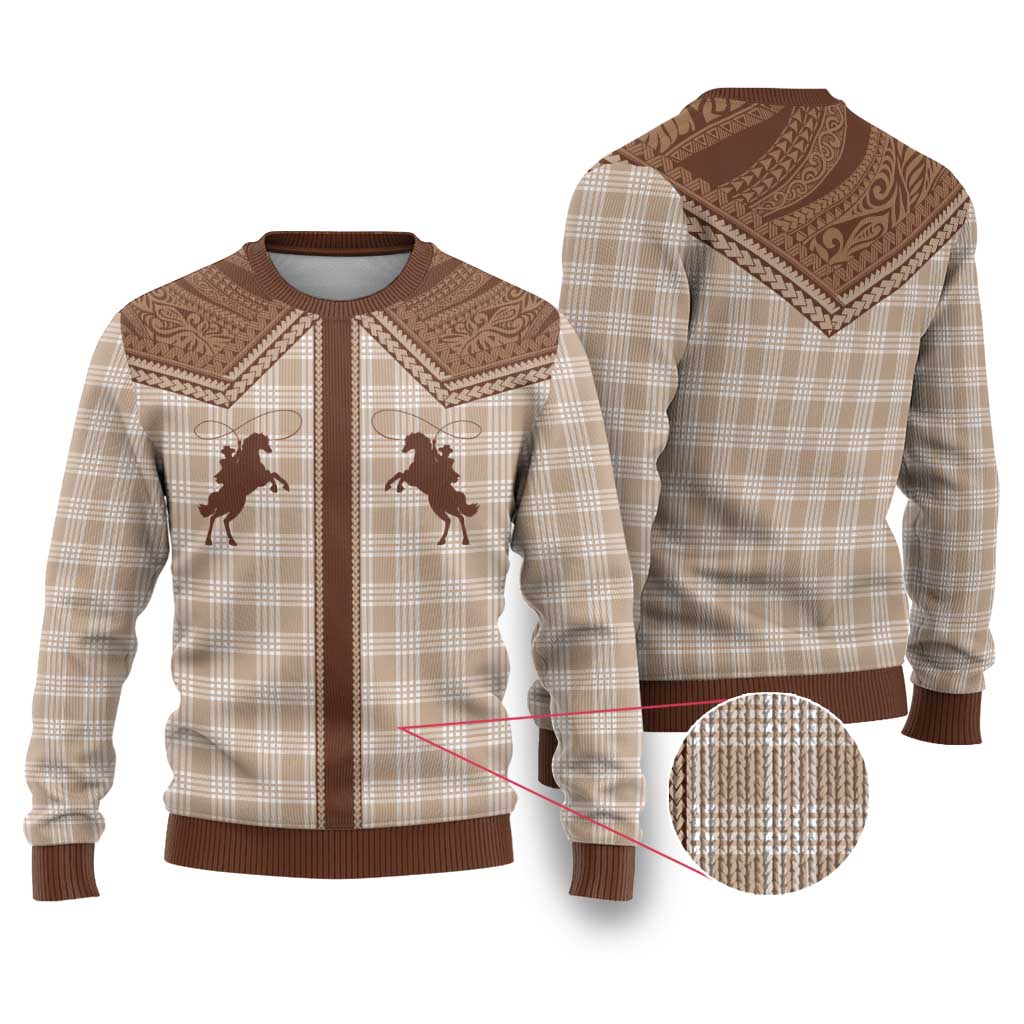 Aloha Hawaii Cowboys Paniolo Ugly Christmas Sweater Beige Palaka LT7 Beige - Polynesian Pride